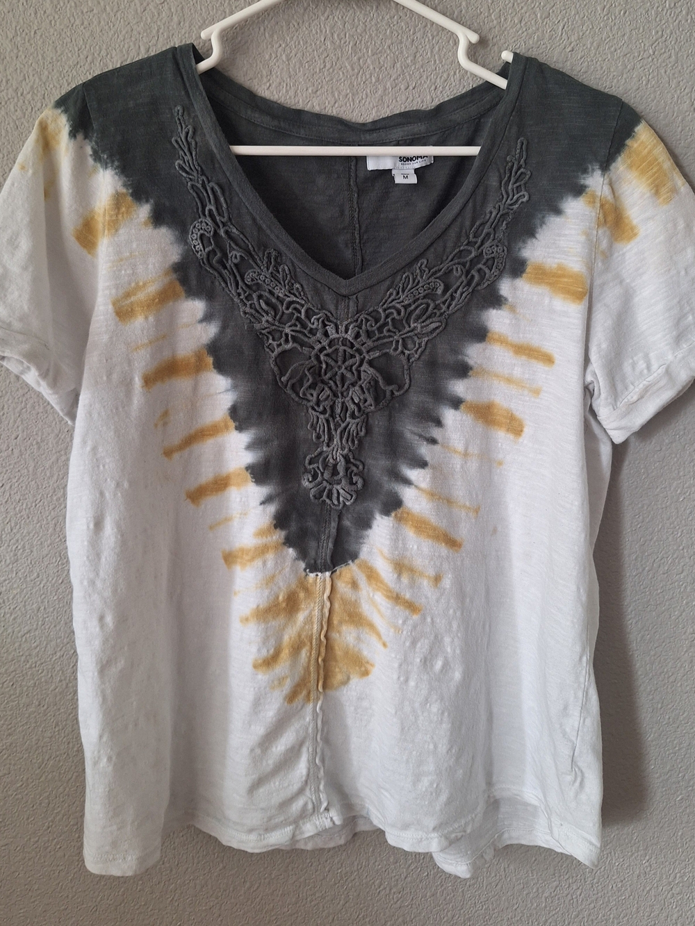 Sonoma White Tee with Gray V-Neck and Yellow Tie-Dye Accents